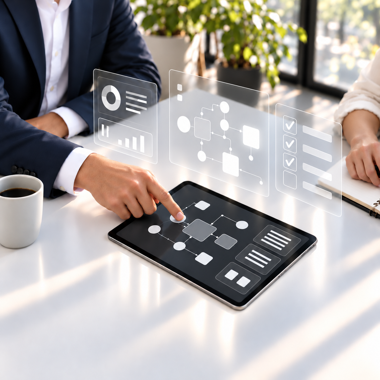 Two colleagues reviewing workflow dashboards on a tablet